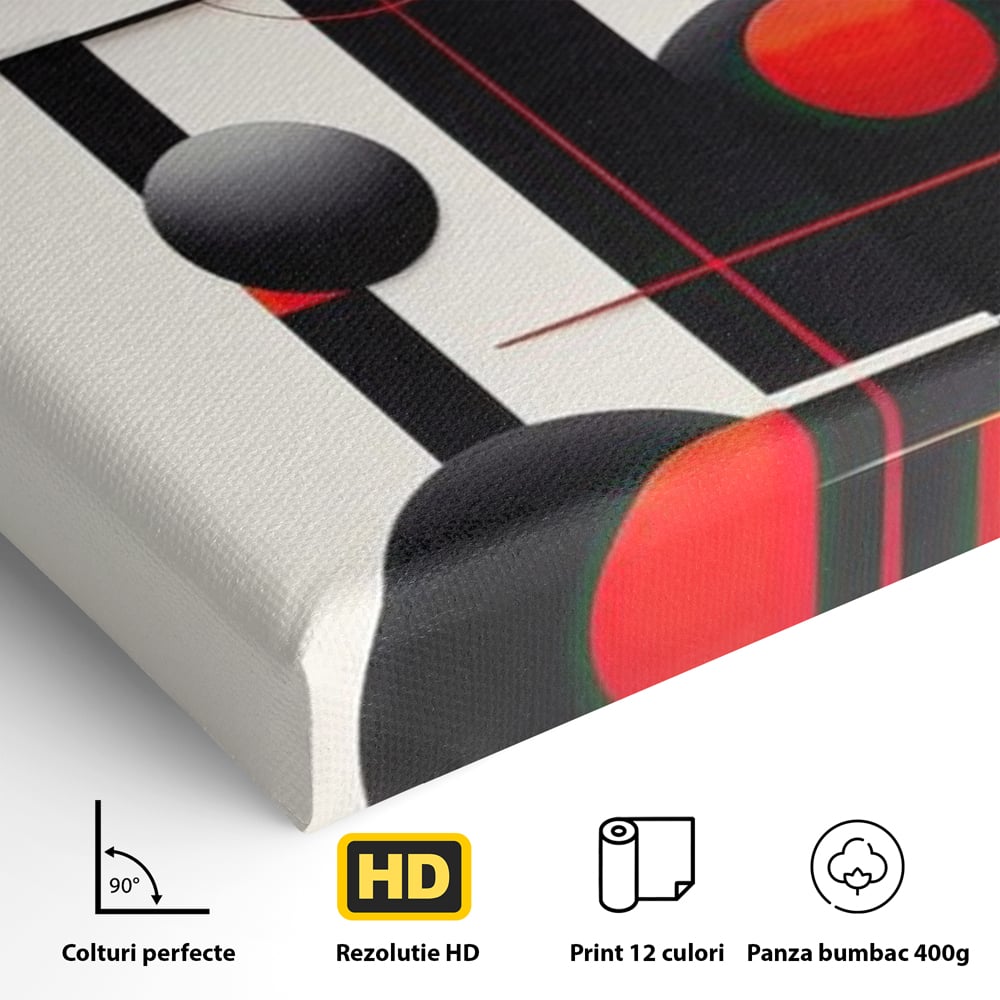 Detaliu al suprafetei: tablou canvas cu forme geometrice abstracte, fara rama, pe sasiu de lemn
